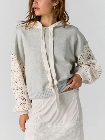 Laced In Crochet Contrast Long Sleeve Hoodie in Grey by Free People