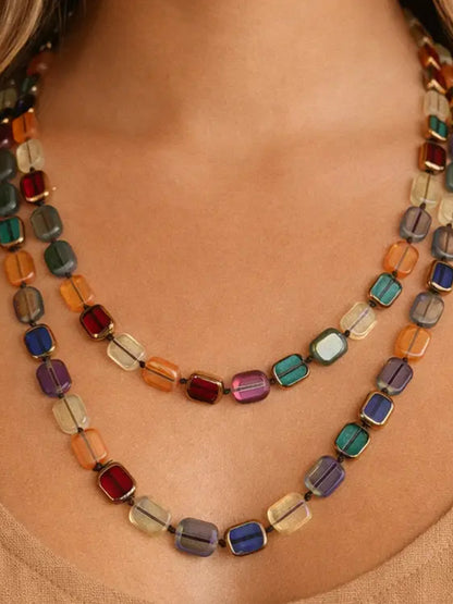 Long Colourful Square Glass Crystal Necklace