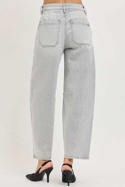 Dobbs Cropped High Rise Barrel Jeans in Light Grey by Risen