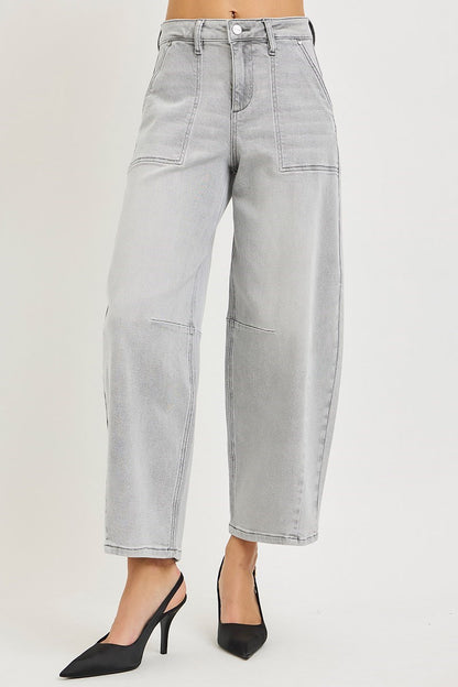 Dobbs Cropped High Rise Barrel Jeans in Light Grey by Risen