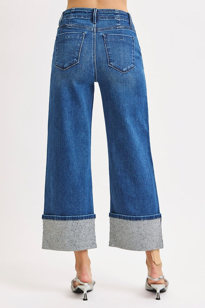 Bronte Cropped Rhinestone Cuff Jeans by Risen