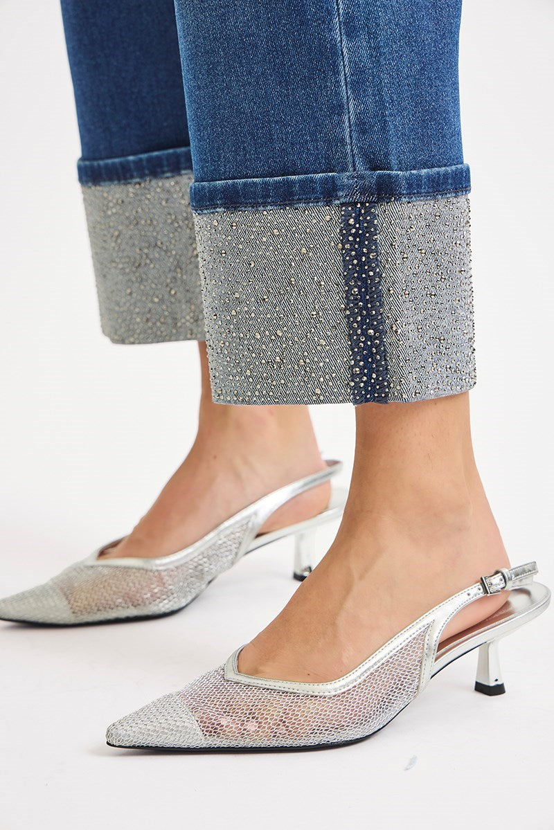 Bronte Cropped Rhinestone Cuff Jeans by Risen