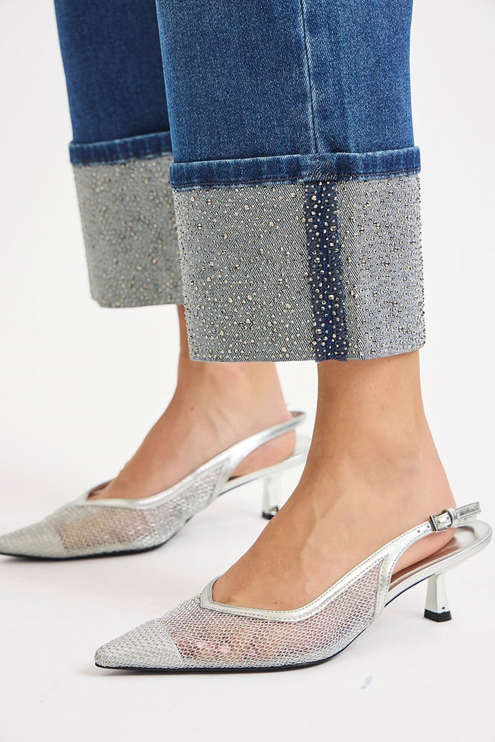 Bronte Cropped Rhinestone Cuff Jeans by Risen