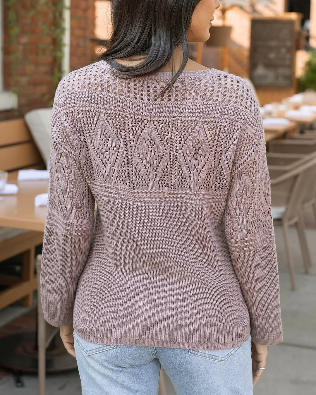 Pointelle V-Neck Sweater in Fawn by Grace & Lace