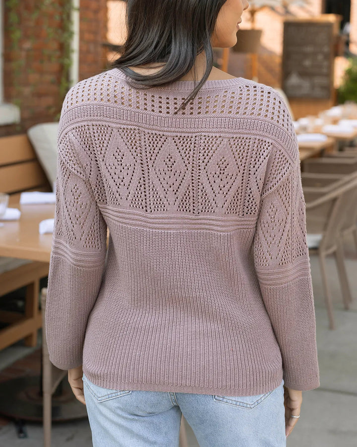 Pointelle V-Neck Sweater in Fawn by Grace & Lace