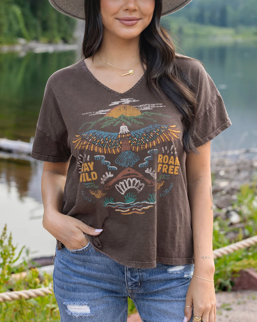 Relaxed Fit V-Neck Roam Free Tee by Grace & Lace