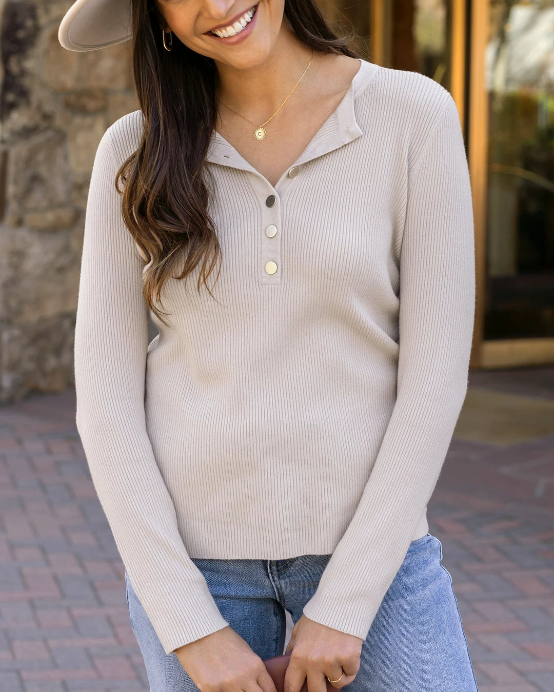 Ribbed Henley Sweater in Oatmeal by Grace & Lace