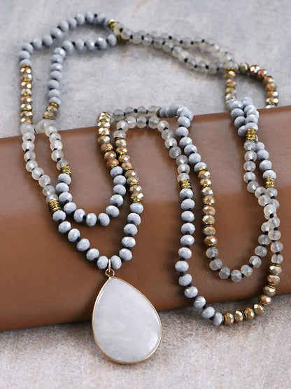 Boho Mixed Glass Bead Wrap Necklace in Grey & Gold