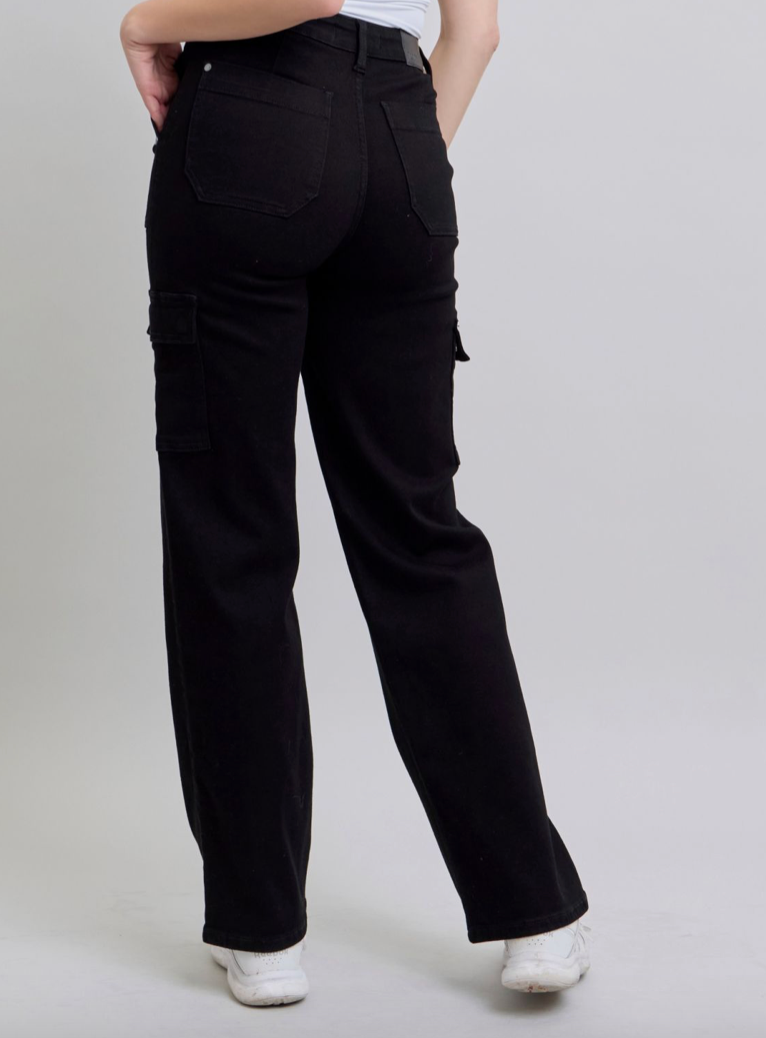 Ophelia Wide Leg Cargo Black Denim by Judy Blue