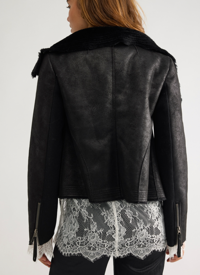 Fourline Shearling Aviator Jacket in Black by Free People