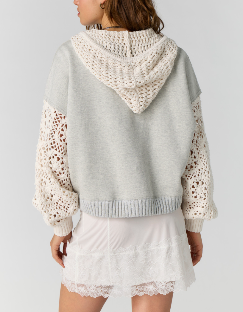 Laced In Crochet Contrast Long Sleeve Hoodie in Grey by Free People