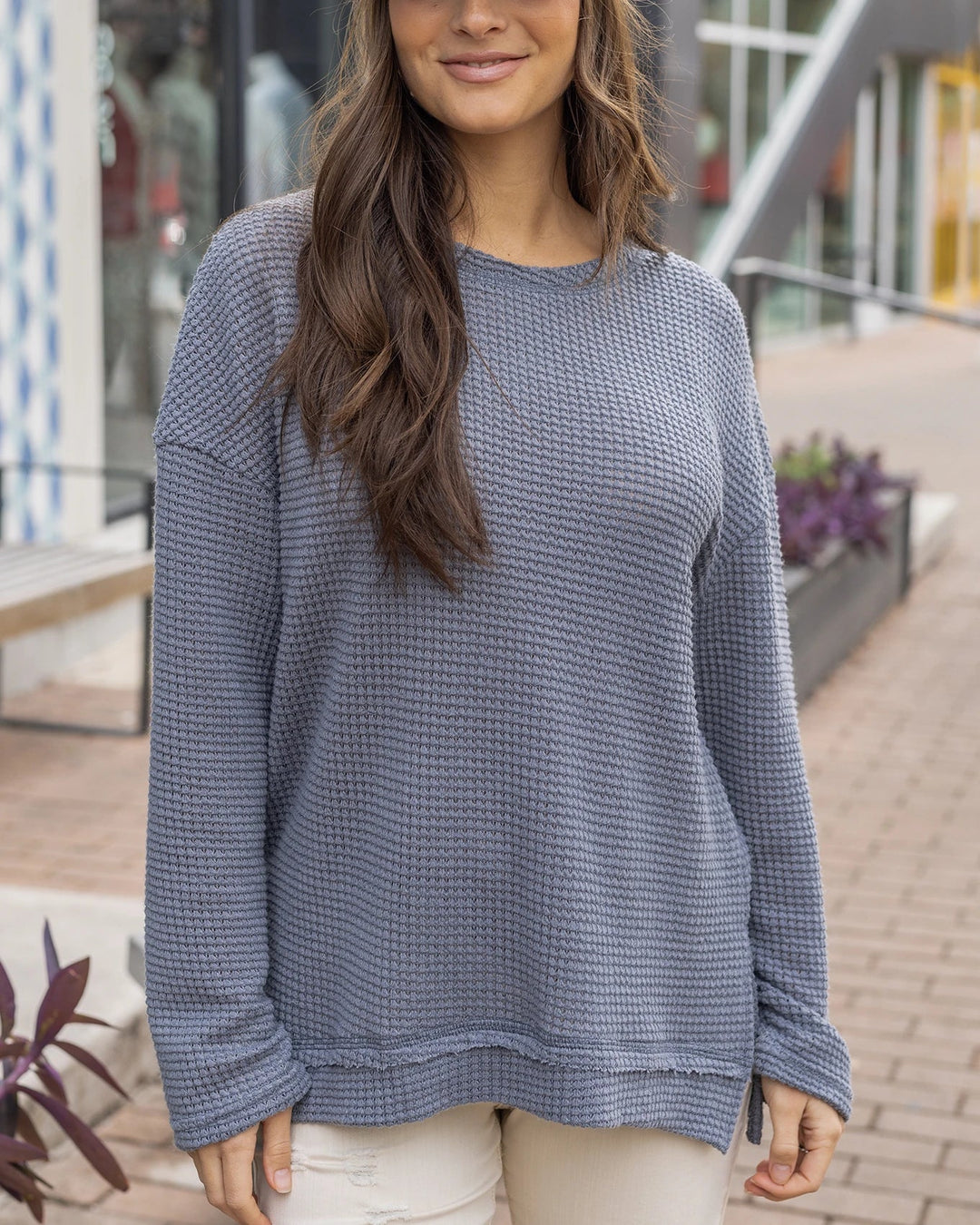 Slouchy Waffle Pullover by Grace & Lace