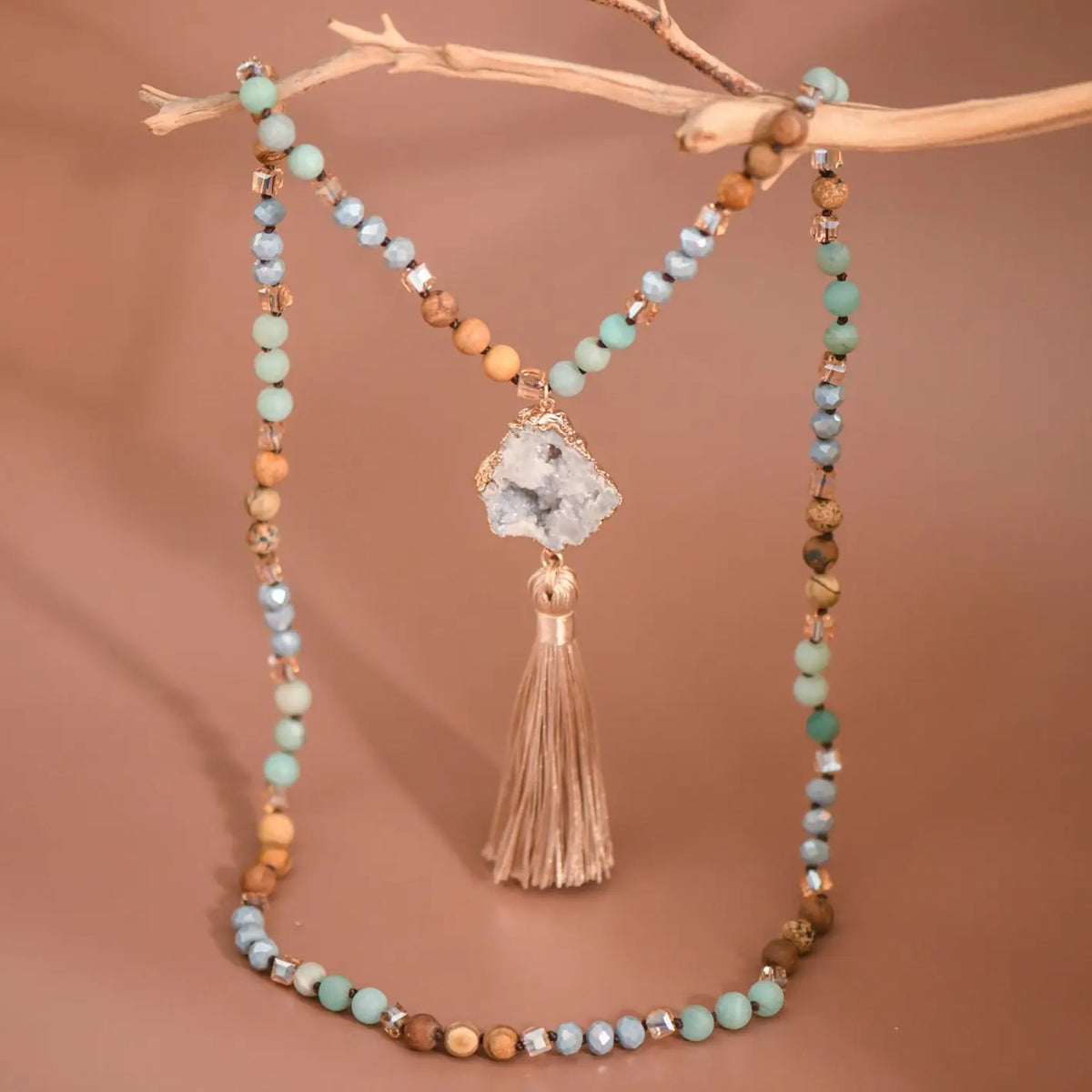Stone Bead Long Necklace with Druzy Tassel Pendant
