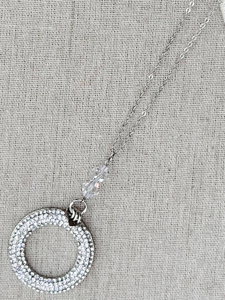 Pavé Rhinestone Crystal Hoop Circle Pendant Silver Necklace