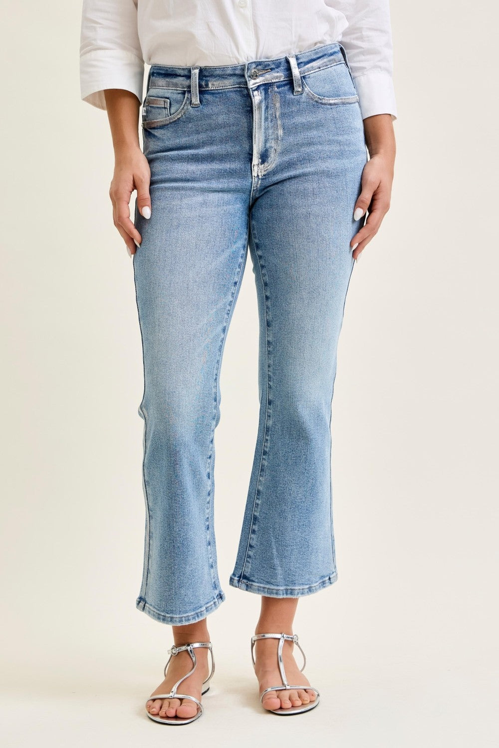 Silver Foil Kick Flare Jeans by Judy Blue