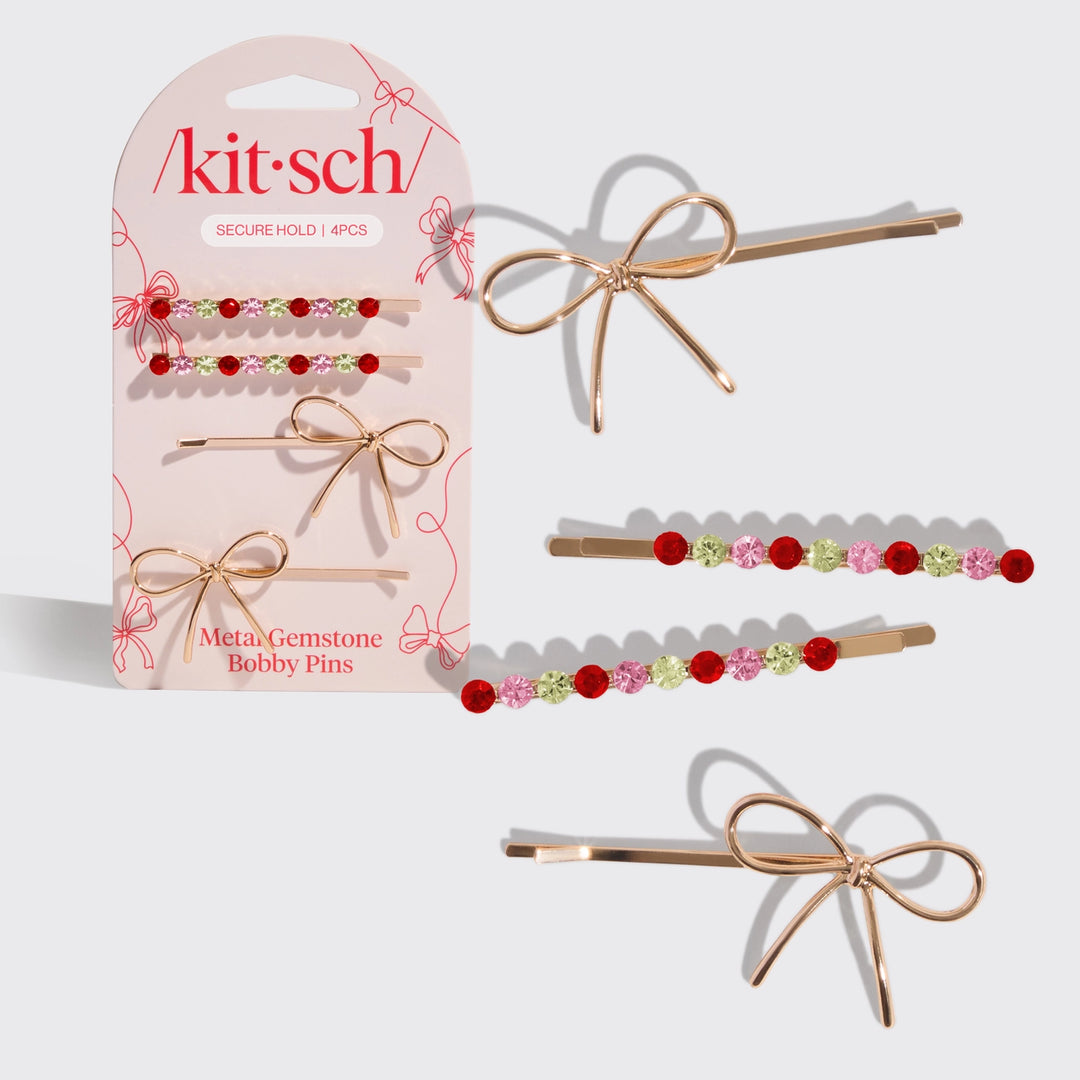 Holiday Gemstone and Bow Bobby Pins 4PC Set by Kitsch