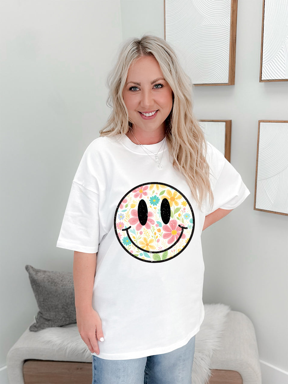 Flower Smiley Boxy Tee - M