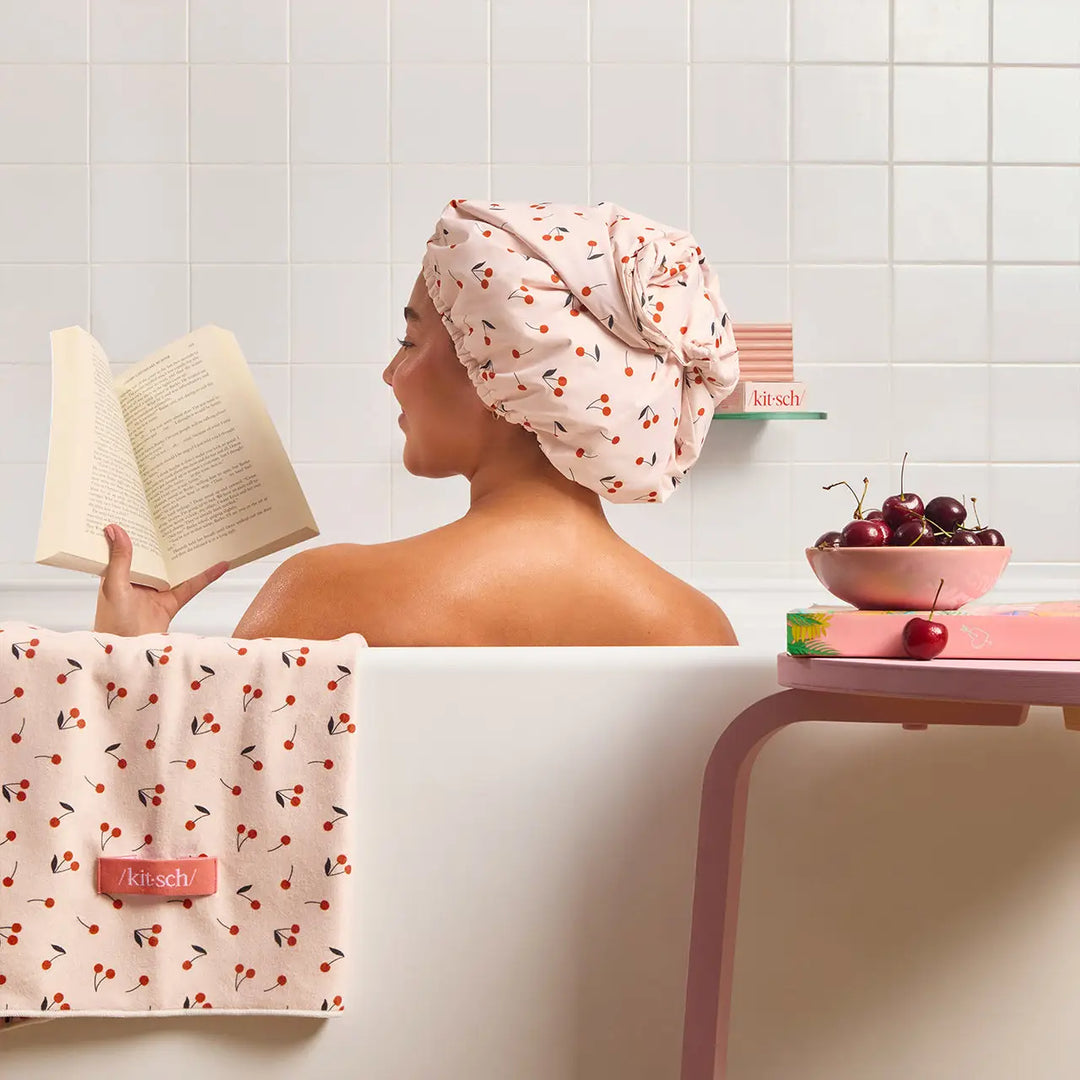 Satin-Lined Flexi Shower Cap in Cherry Print by Kitsch