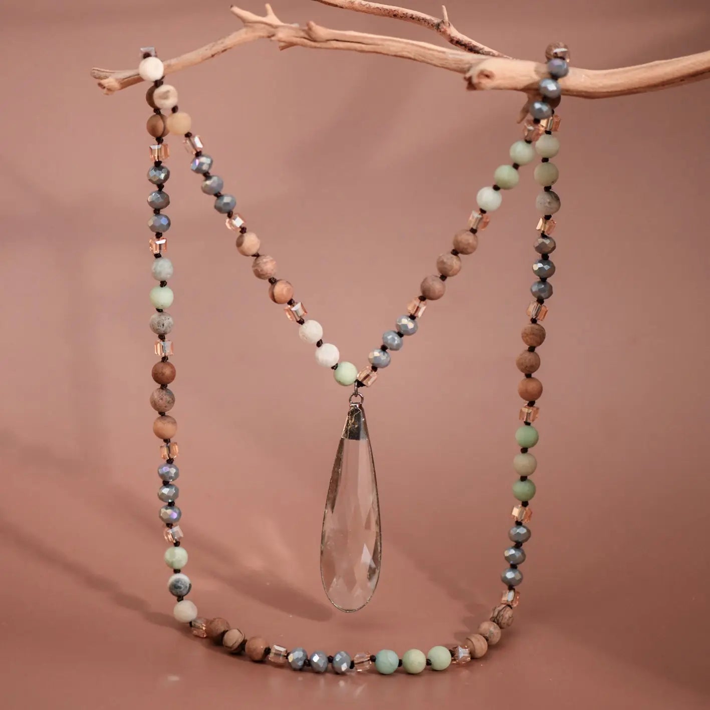 Natural Stone Bead Necklace with Crystal