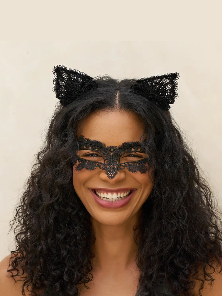 Black Cat Lace Headband and Mask 2 PC Set