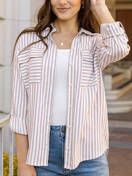 Seaside Striped Button Down in Tan-Ivory by Grace & Lace