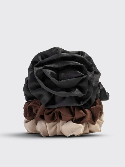 Rosette Rouched Satin Scrunchies in Black by Kitsch