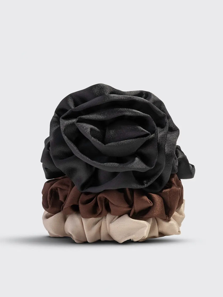 Rosette Rouched Satin Scrunchies in Black by Kitsch