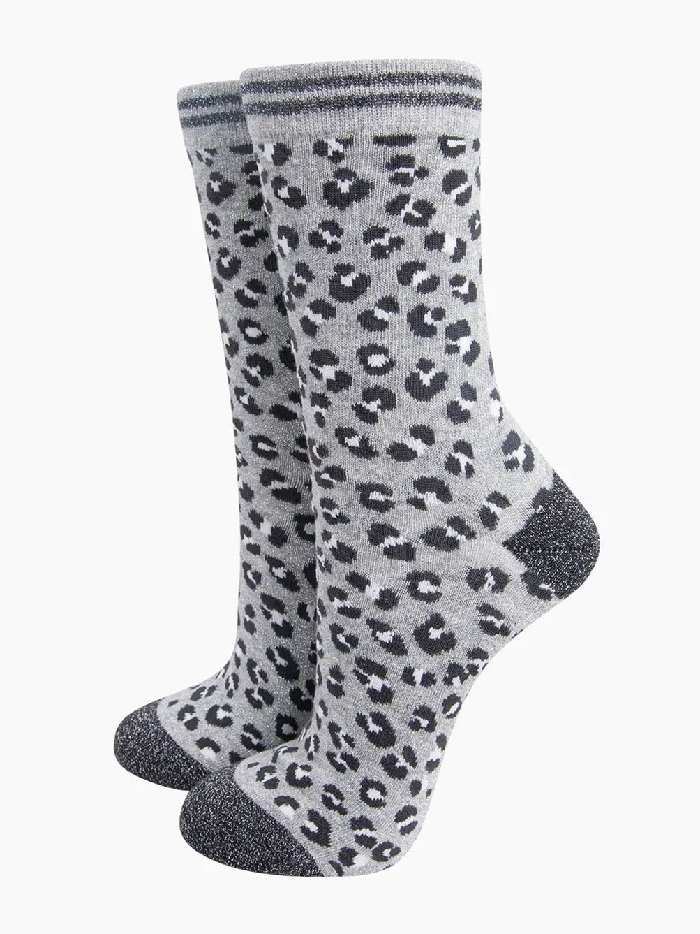 Leopard Print Glitter Combed Cotton Socks in Grey