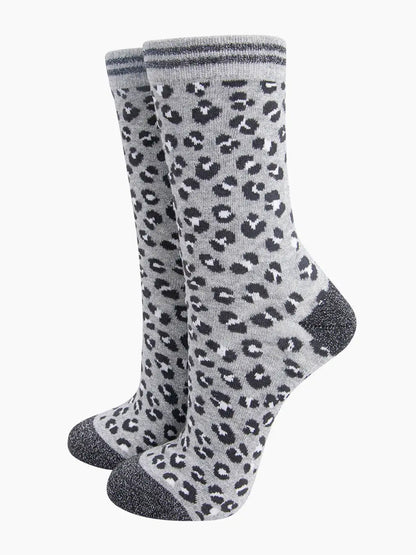 Leopard Print Glitter Combed Cotton Socks in Grey