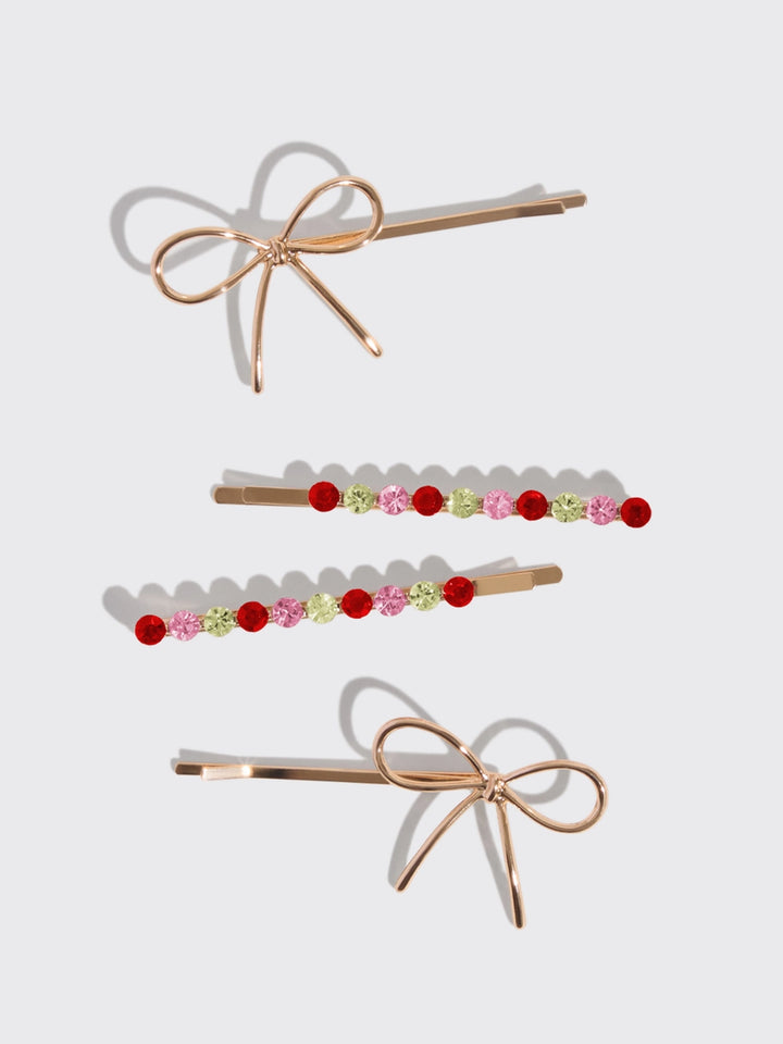 Holiday Gemstone and Bow Bobby Pins 4PC Set by Kitsch