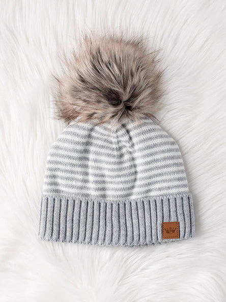 Snowball Pom Pom Toque in Grey & Ivory